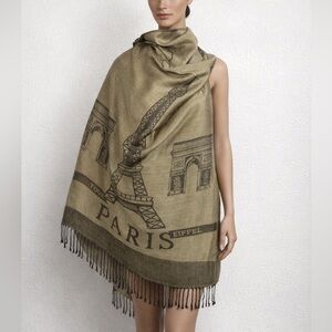 Paris Eiffel Tower Arc de Triomphe Fringe Scarf Shawl Wrap Beige Black 27x77